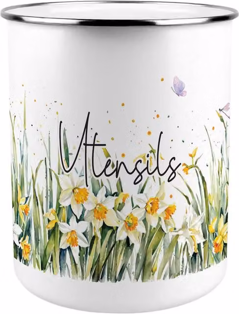 Purely Home Spring Daffodils Freestanding Metal Kitchen Utensil Holder in Yellow and White