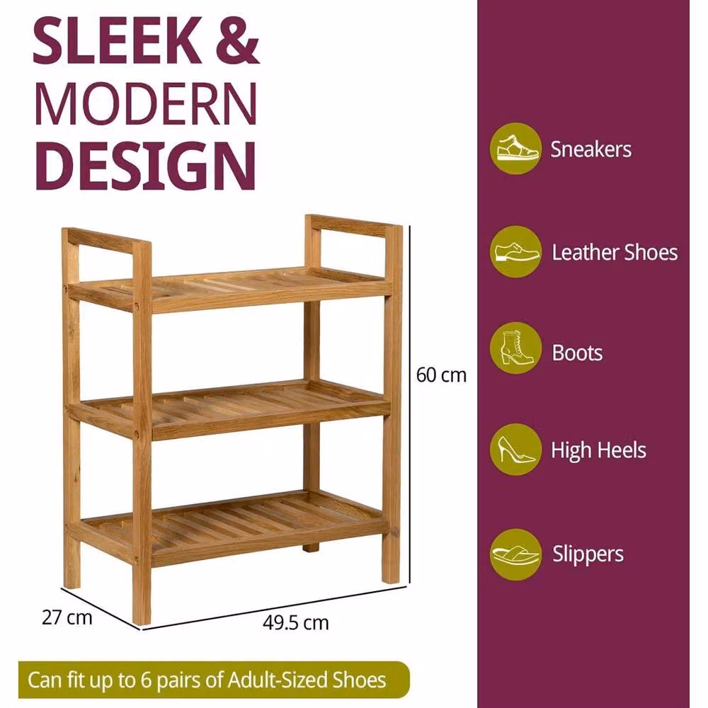 FORGEVIO 3 Tier Stackable Oak Wood Shoe Storage Rack in Light Oak, Width: 50 cm – 2