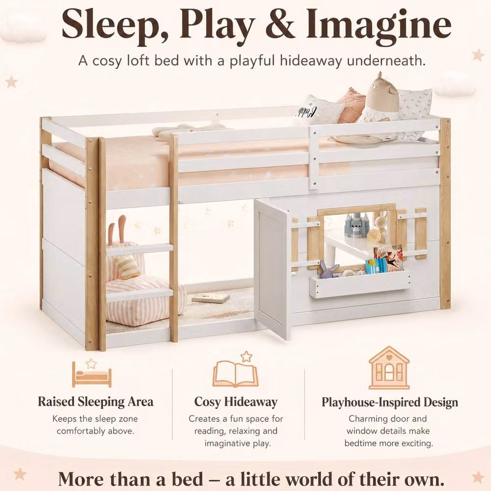 BTM Kids Single Loft Bunk Bed with Play Area and Side Compartments in White, W/D/H: 90 x 190 cm – 2
