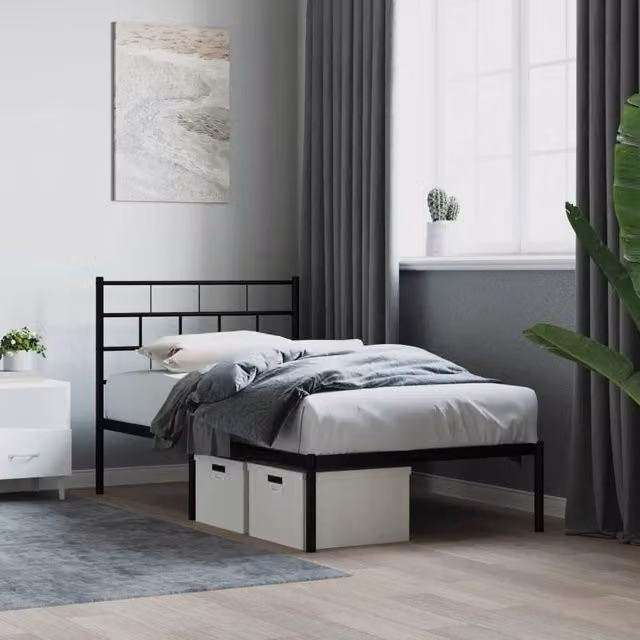 Berkfield Home Metal Bed Frame with Headboard, Black, W: 100 cm, L: 190 cm