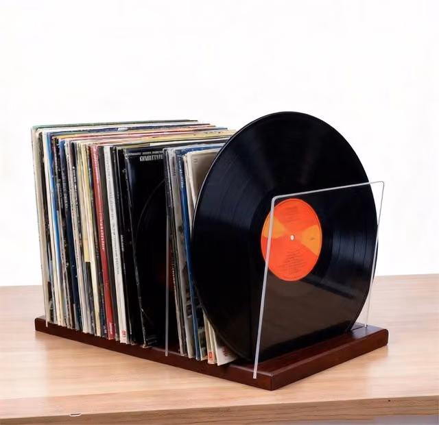 Nordara Premium Acrylic and Wood Vinyl Record Storage Holder in Brown