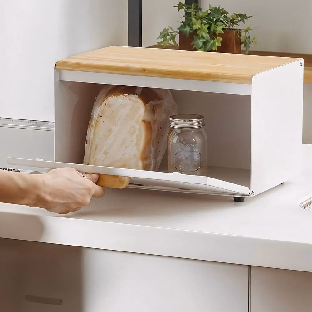 PAWNORA Dual Open Bread Bin in White Metal and Bamboo – 1