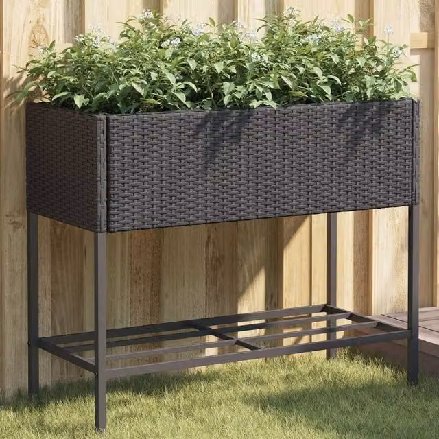 Berkfield Home Garden Planter with Shelf in Black Poly Rattan