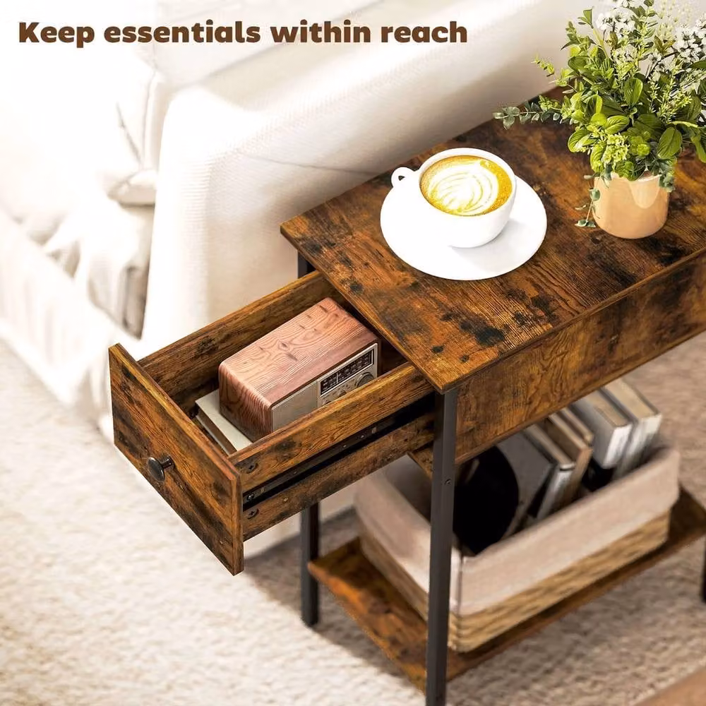 FORGEVIO Industrial Narrow Side Table with Drawer and Storage Shelf in Brown and Multicolour – 3