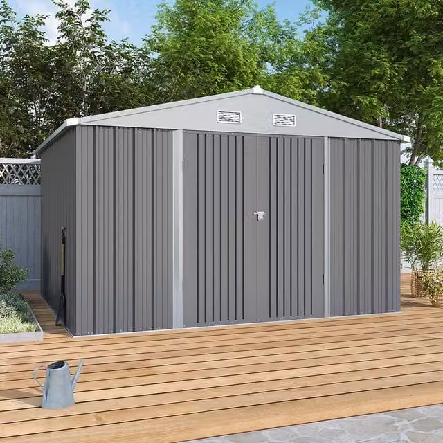 Lifeideas Apex Metal Garden Shed with Roof Vents in Grey and White, W/D/H: 317.6 x 265.6 x 203.6 cm
