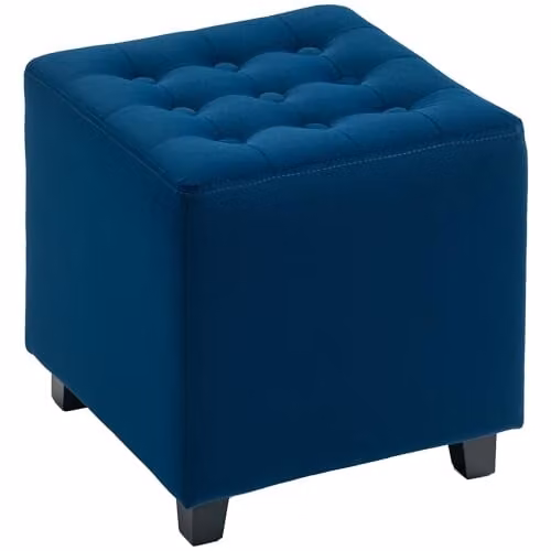 HOMCOM Blue Velvet Cube Footstool Ottoman with Rubberwood Legs, W/D/H: 35 x 35 x 35 cm – 1