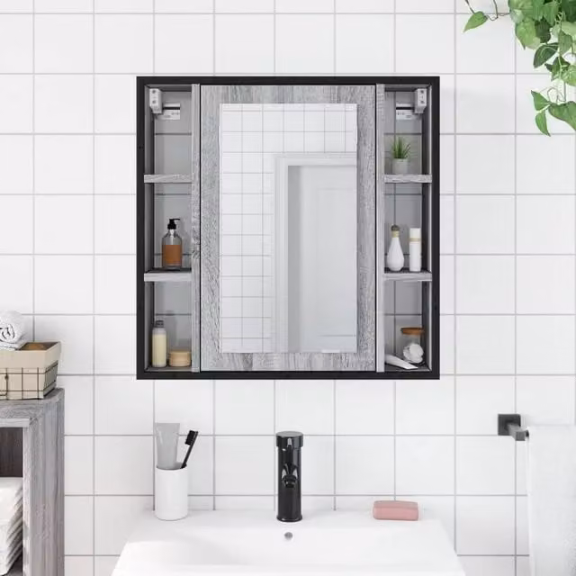Berkfield Home Grey Sonoma Bathroom Mirror Cabinet with Hinged Glass Doors, W: 60 cm, H: 60 cm, D: 16 cm