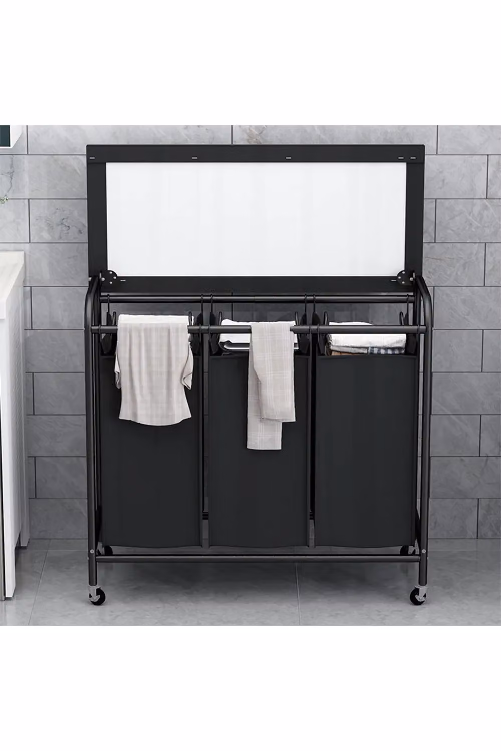 Living and Home 3-Section Rolling Laundry Sorter Hamper with Lift-Up Ironing Board in Black – 2
