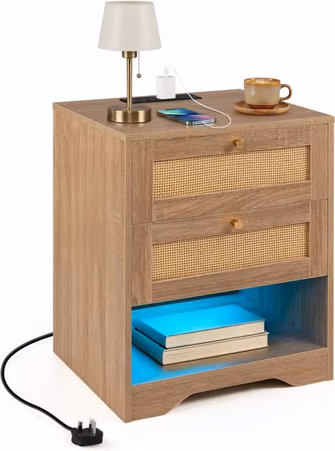 COSTWAY Boho Rattan and Metal Bedside Table with Integrated Lighting and Cable Management in Brown
