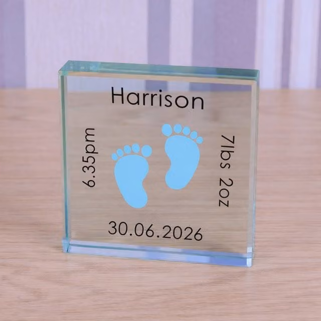 Uniqueful Personalised Baby Feet Glass Token Keepsake in Pink, Blue, Beige or Transparent