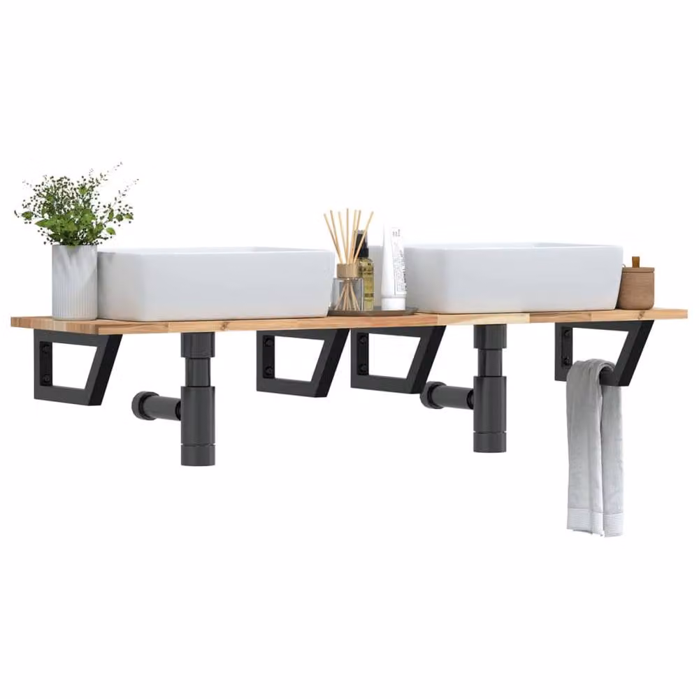 Berkfield Home Wall Mounted Basin Shelf in Brown Acacia Wood and Steel – 2