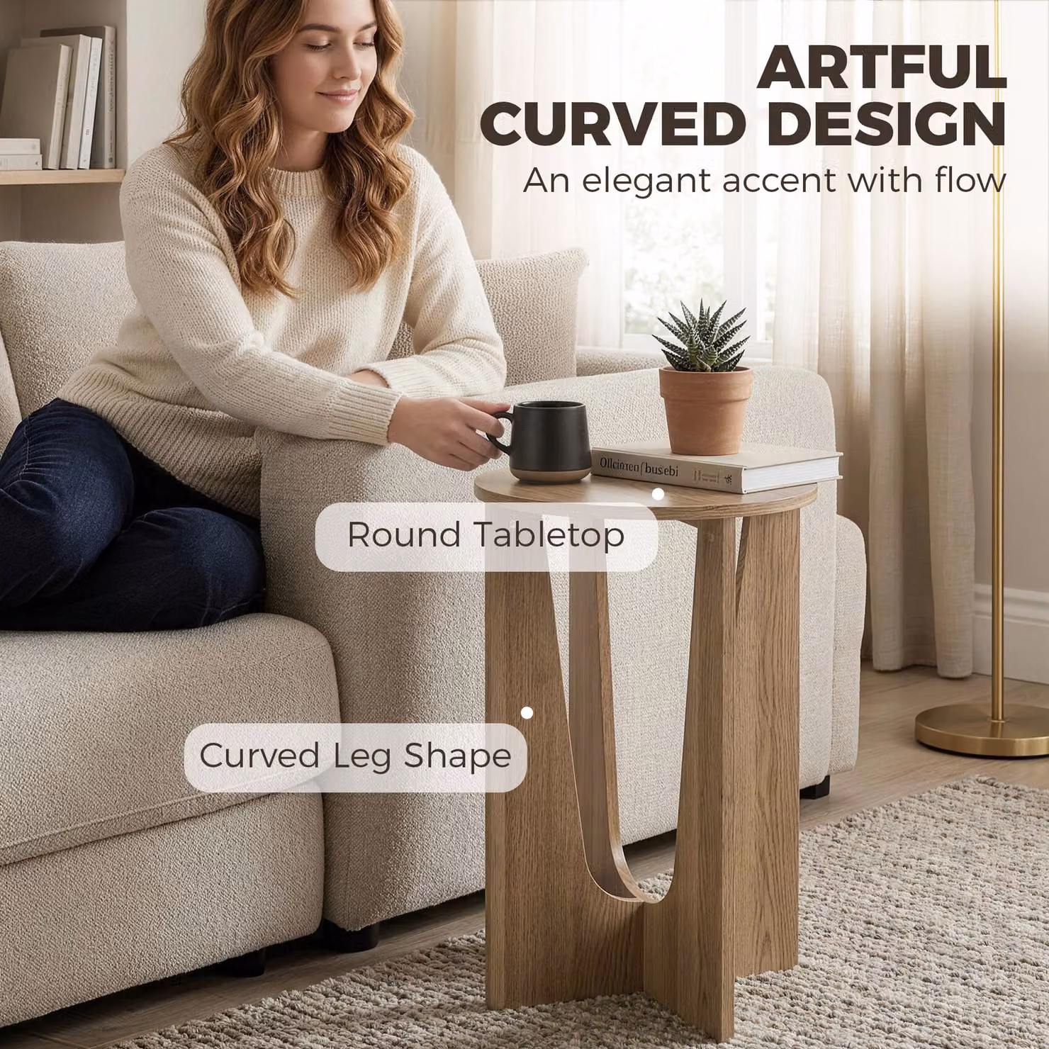 HOMCOM Round Compact Side Table with Curved Legs in Brown Coffee Wood Effect, W: 38 cm, D: 38 cm, H: 57 cm – 4