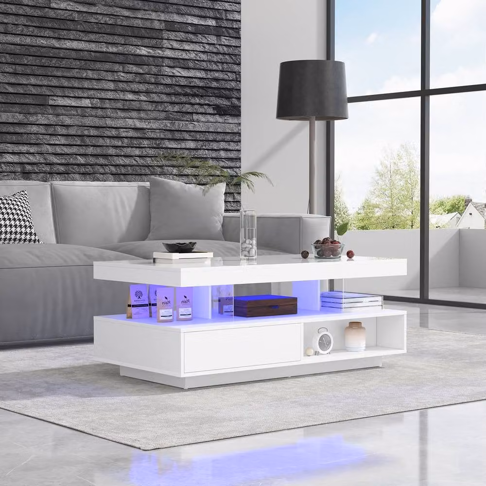 Rolipo Smart LED White High Gloss Coffee Table with 2 Drawers – 6
