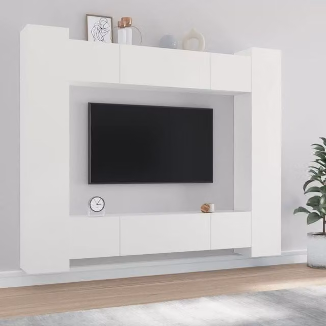 Berkfield Home 8 Piece White Engineered Wood Wall Mounted TV Cabinet Set – 1