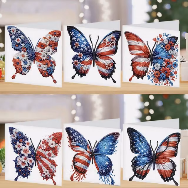 Syntego Pack of 6 USA Butterflies Diamond Art Cards in White and Multicolour