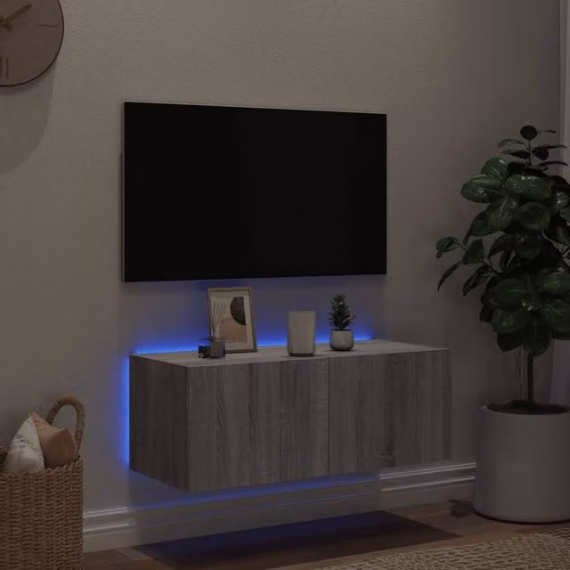 Berkfield Home TV Wall Cabinet with LED Lights in Grey Sonoma, W: 80 cm, D: 35 cm, H: 31 cm – 1