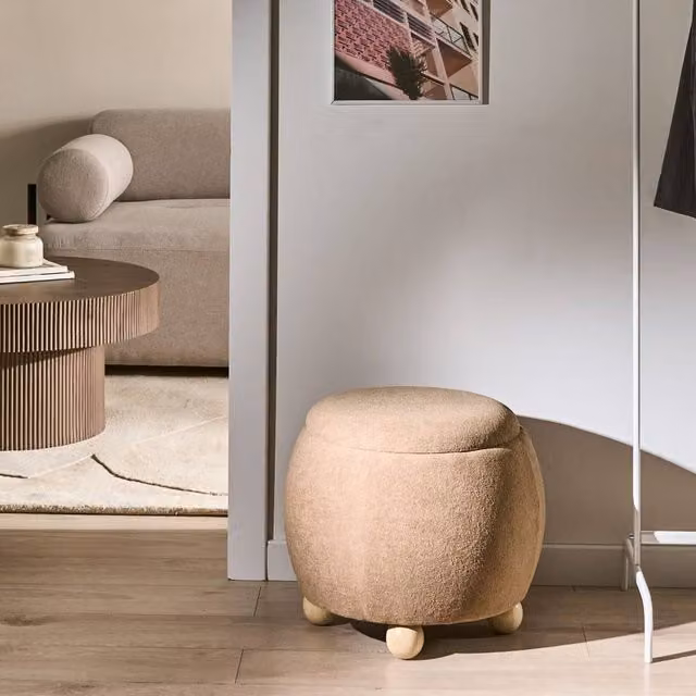Wyld and Coco Teddy Pouffe in Light Brown Bouclé with Hidden Storage – 1