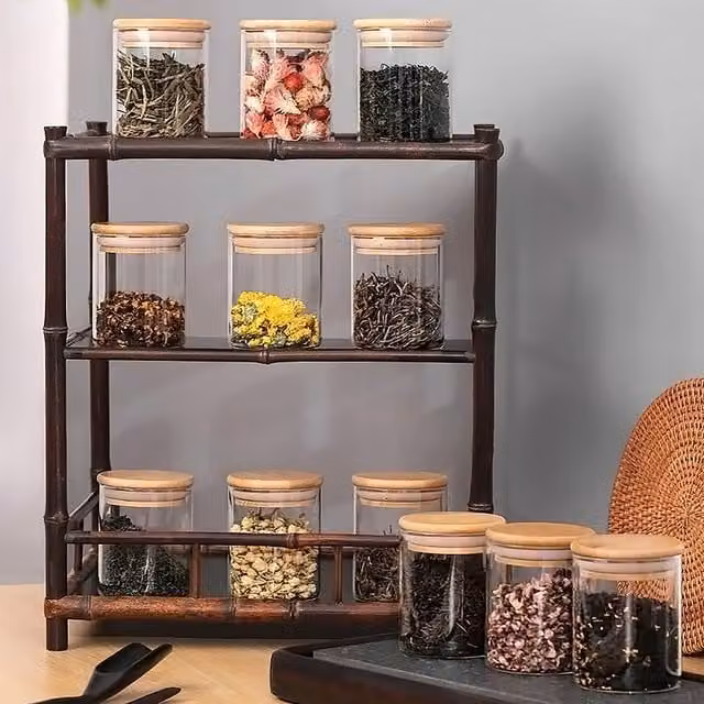 Lifeideas Airtight Glass Spice Storage Jar Set with Bamboo Lids and Silicone Seals, Transparent