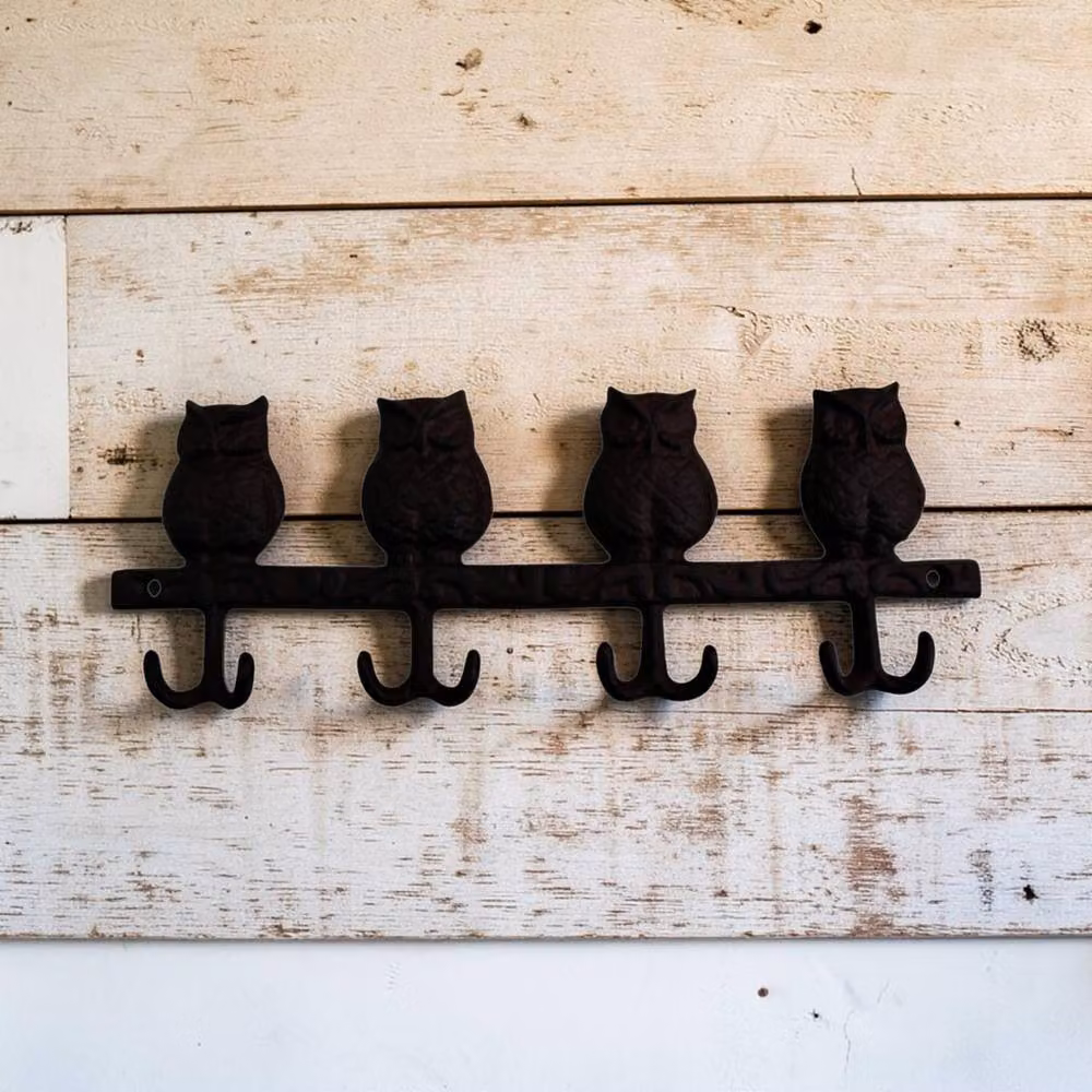 Four Candle Rustic Cast Iron Owl Coat Hook Rack in Brown, W: 30 cm – 2