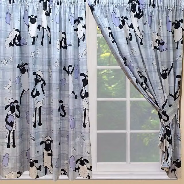 Shaun The Sheep Checked Plaid Sleep Curtains with Tie-Backs in Grey, Purple and Blue, Height: 182.88 cm