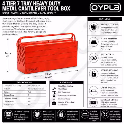 Oypla 4 Tier 7 Tray Heavy Duty Metal Cantilever Tool Box in Red – 4