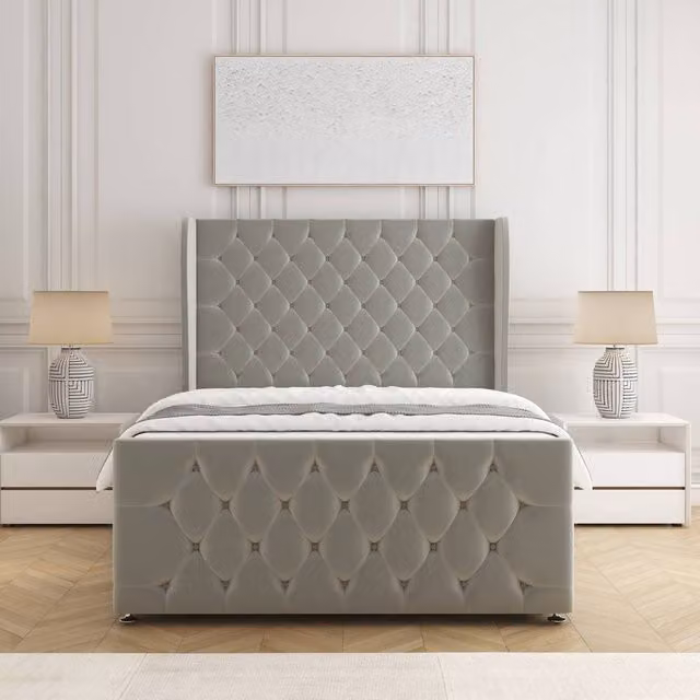 BSSPOKE Anna King Size Plush Velvet Divan Bed with Headboard and Mattress in Silver, W/D/H: 180 x 200 cm