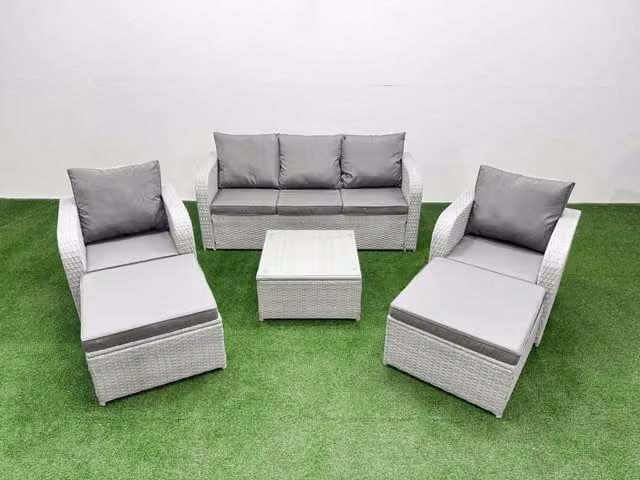Fimous PE Rattan Garden Furniture Set in Light Grey with 3-Seater Sofa, Reclining Chairs, Square Coffee Table and 2 Ottomans