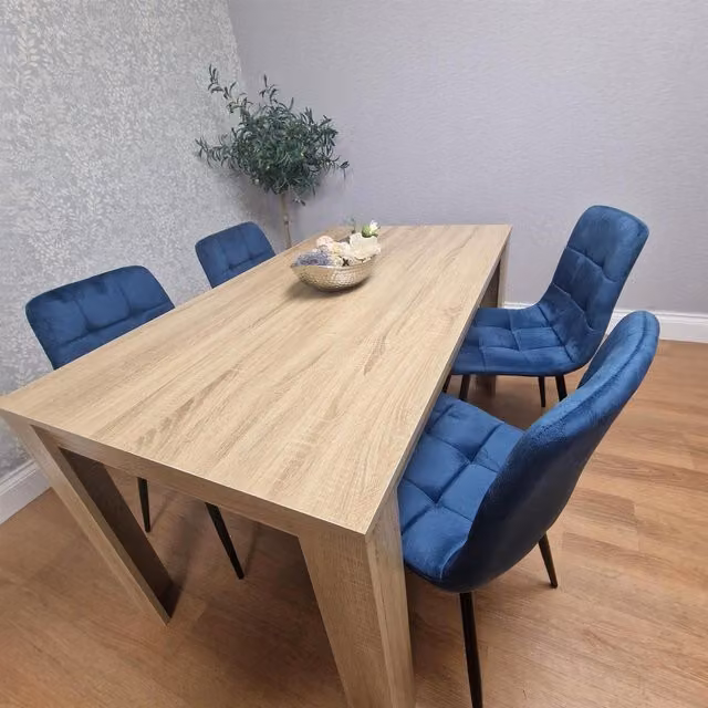 Kosy Koala Modern Dining Set with Rectangular Oak Table and 4 Blue Velvet Chairs