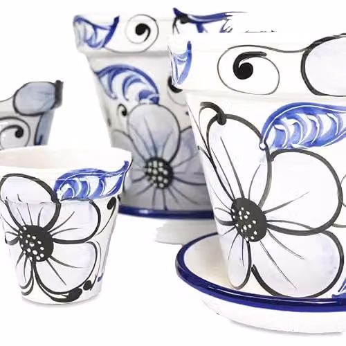 Verano Spanish Ceramics Hand Painted Blue and White Terracotta Flower Pots with Drainage Plates, Set of 3, W/D/H: 16 x 14 x 23 cm, 23 x 22 x 29 cm, 29 x 27 x 29 cm – 2