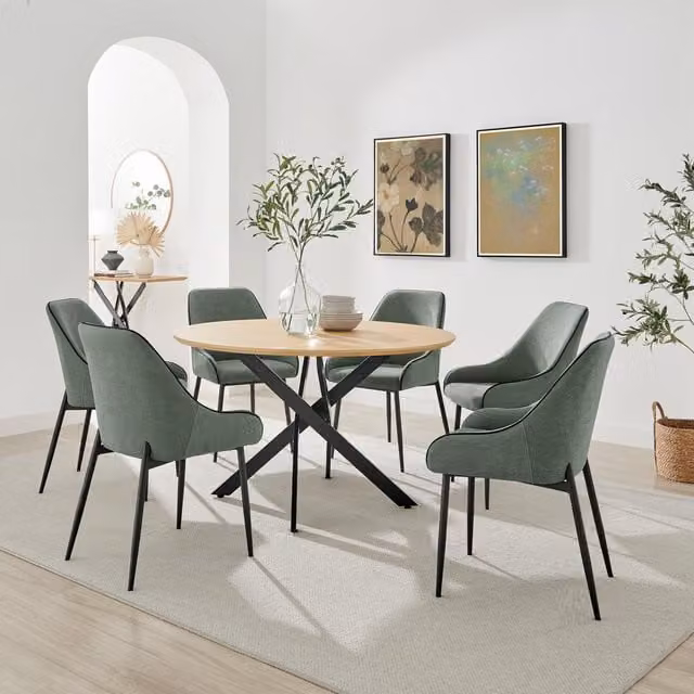 FurnitureboxUK Novara Round Oak Effect Dining Table and 6 Beaumont Green Fabric Chairs – 1