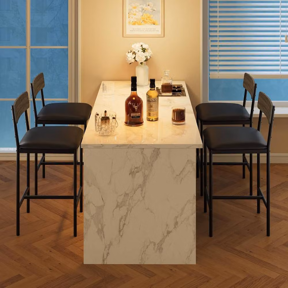 London Boutique Set of 4 Grey Upholstered Counter Height Bar Stools with Synthetic Leather and Metal Legs – 4