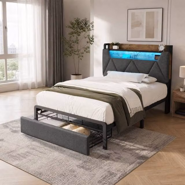 STILVORA Single Bed Frame with LED Lighting, USB Charging Port and Storage Drawers in Grey, W/D/H: 90 x 190 x 110 cm