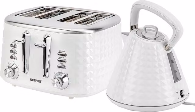 Geepas Argyle Matching 1.5L Cordless Jug Kettle and 4 Slice Toaster Set in White – 1