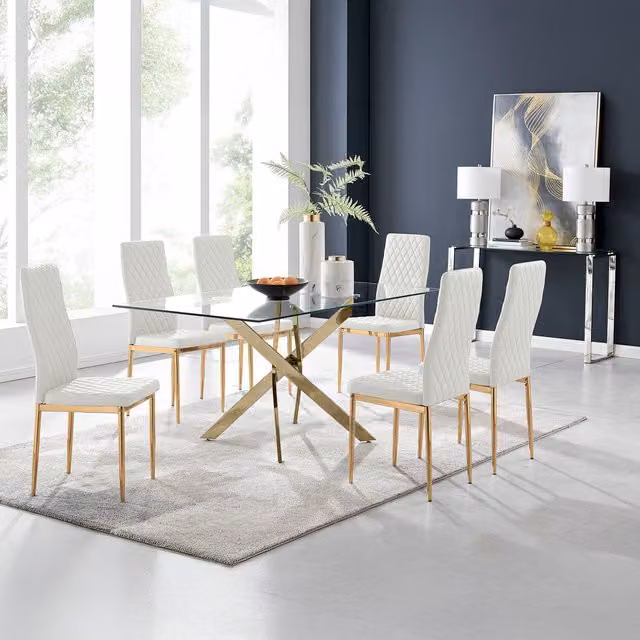 FurnitureboxUK Leonardo Gold Dining Table with Six Milan Chairs in White and Gold