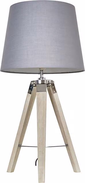 Clipper Tripod Table Lamp with Grey Fabric Shade in Brown Wood