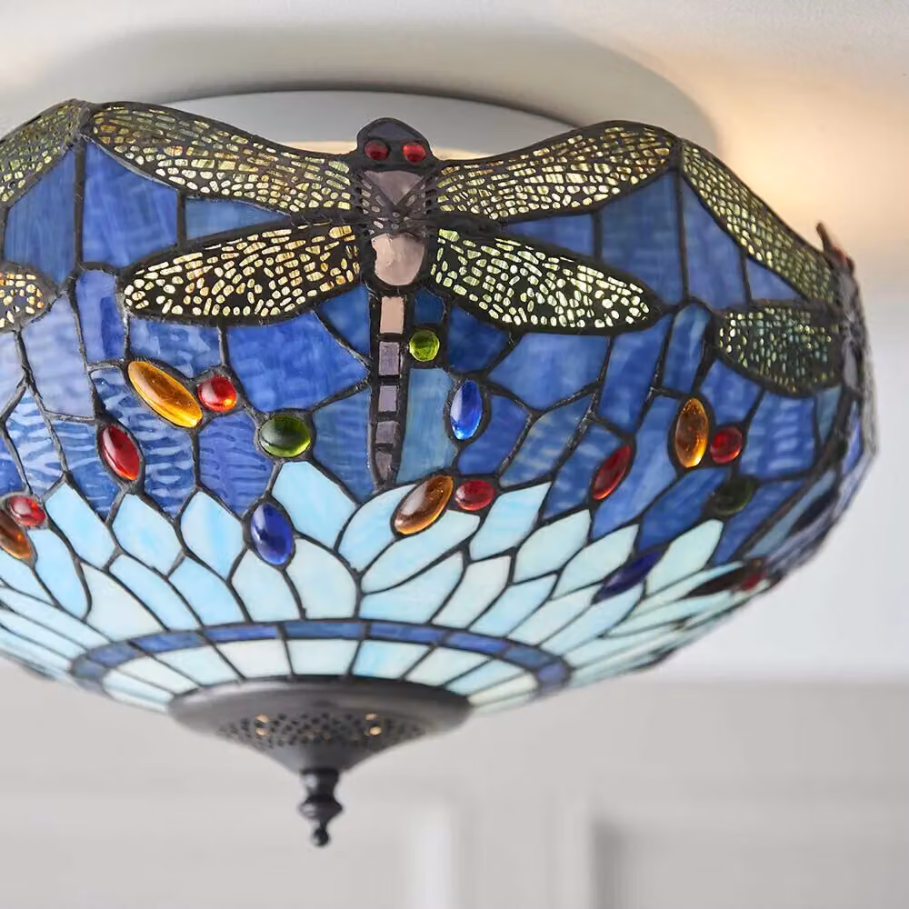 Loops Tiffany Glass Semi Flush Ceiling Light with Blue Dragonfly Inverted Shade in Multicolour and Bronze – 4