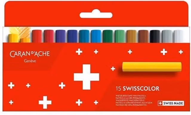 Caran d'Ache Swisscolor 15 Half-Length Permanent Water-Resistant Wax Pastel Set in Assorted Colours