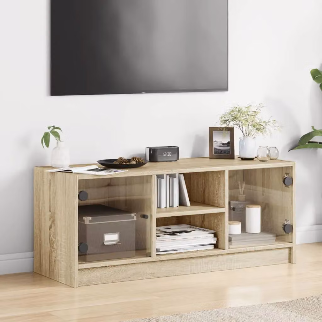 Berkfield Home TV Cabinet with Glass Doors in Sonoma Oak Brown, W/D/H: 102 x 37 x 42 cm – 2