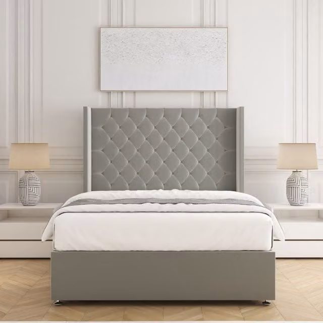 BSSPOKE Winchester Small Double Divan Bed Set with 54 inch Headboard and Mattress in Silver Plush Velvet, W/D/H: 120 x 200 cm