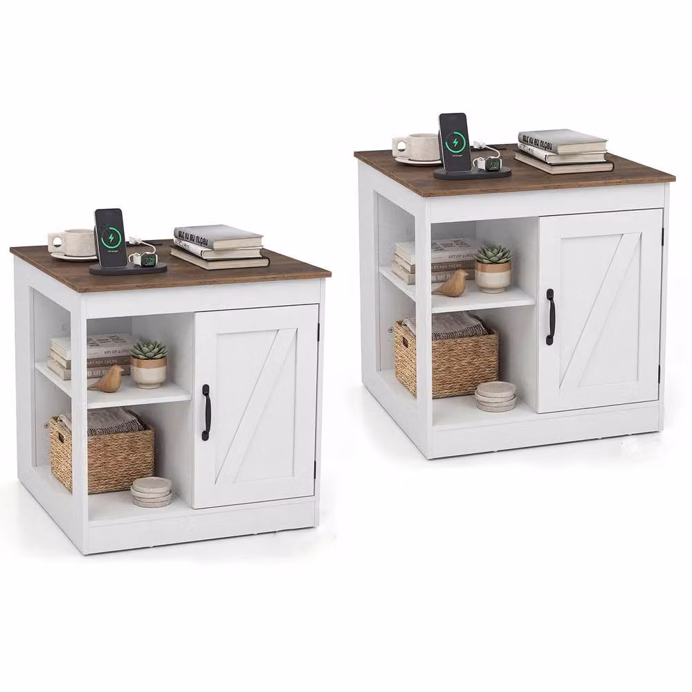 Costway Farmhouse Wooden Nightstand with Charging Station in White – 5