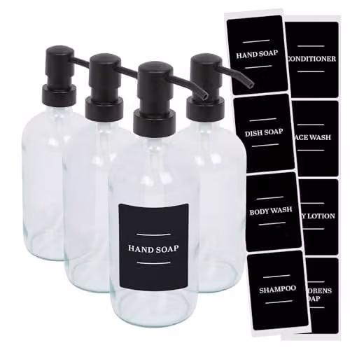 Harbour Housewares Pack of 4 Refillable Glass Soap Dispensers with Pumps and Black Labels, 500ml, Transparent – 1