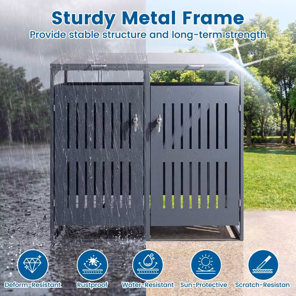 Costway Metal Outdoor Bin Store Storage Shed for 2 Bins in Grey, W/D/H: 132.0 x 80.0 x 115.5 cm – 6