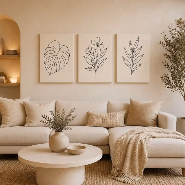 Mafett Set of 3 Botanical Floral Canvas Wall Art in Black, Beige and White, W: 60.96 cm, H: 81.28 cm