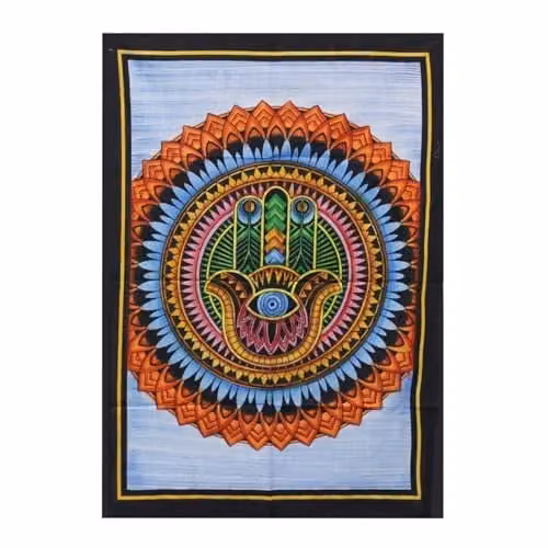 KDMD Ancient Wisdom Hamsa Mandala Handbrushed Cotton Textile Wall Hanging, Multicolour – 1