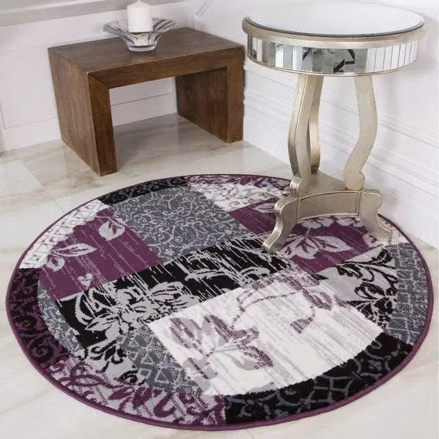 The Rug House Purple Black Grey Floral Patchwork Living Room Rug, W/D/H: 160 x 160 x 0.8 cm