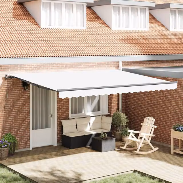 Berkfield Home Manual Retractable Folding Arm Awning in White, W: 450 cm, D: 350 cm – 1