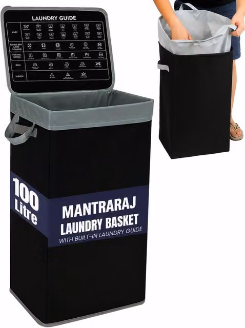 MantraRaj 100L Collapsible Fabric Laundry Basket with Lid and Handles, Black