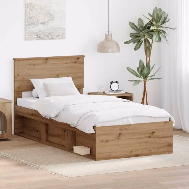 Berkfield Home Artisan Oak Bed Frame in Brown, Engineered Wood, W/D/H: 100 x 200 cm – 1