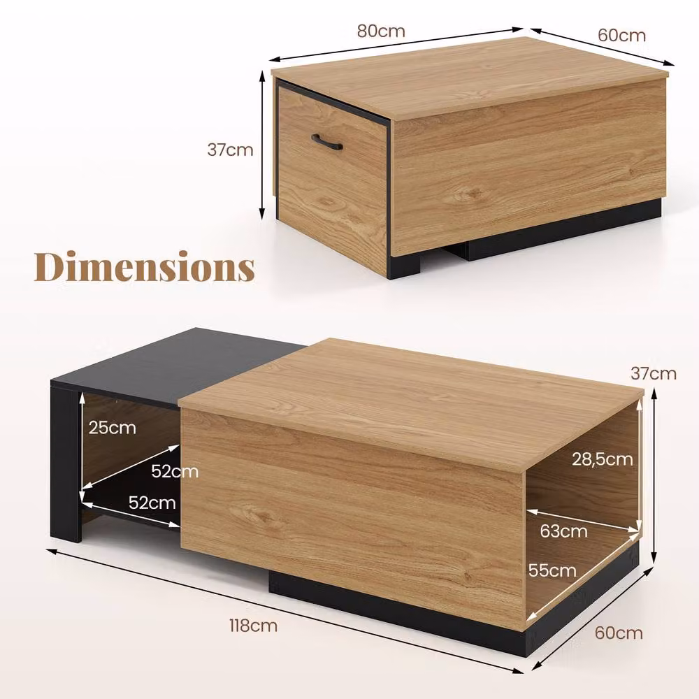 Gymax Extendable Modern Rectangular Coffee Table with 2 Storage Compartments in Brown Wood – 2