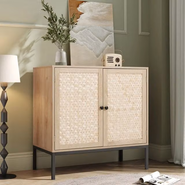 Livingandhome Scandinavian Bamboo Sideboard with Geometric Woven Doors in Black, Yellow and Beige